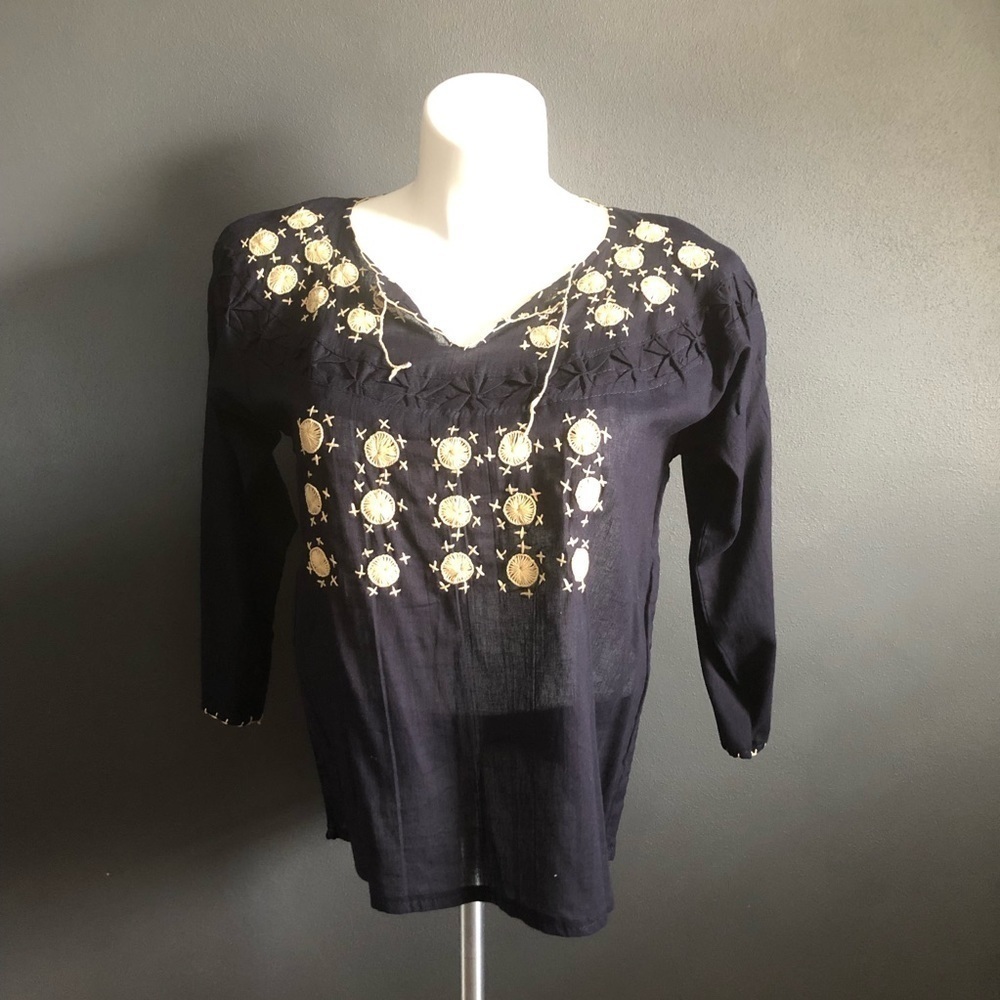 Durga Black Mexican Embroidered Sheer Blouse Tunic L